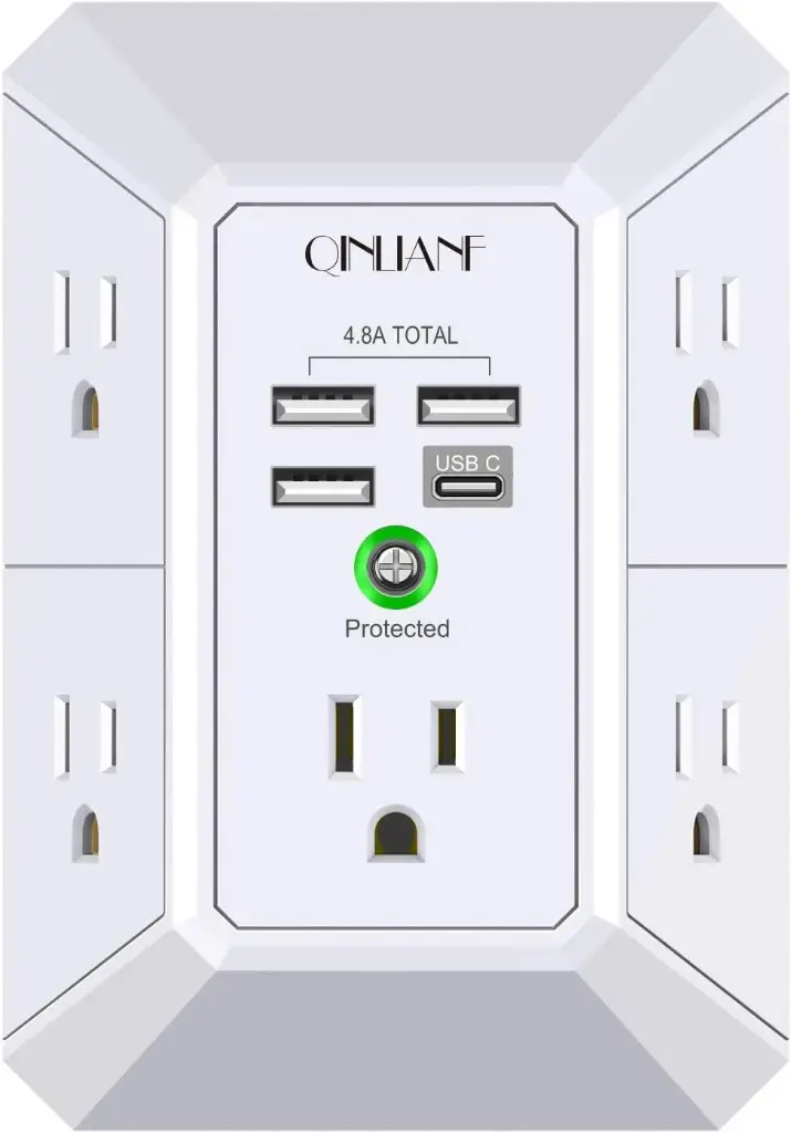 Wall Charger, Surge Protector, QINLIANF 5 Outlet Extender with 4 USB Charging Ports (4.8A Total) 3-Sided 1680J Power Strip Multi Plug Adapter Spaced for Home Travel Office (3U1C) 