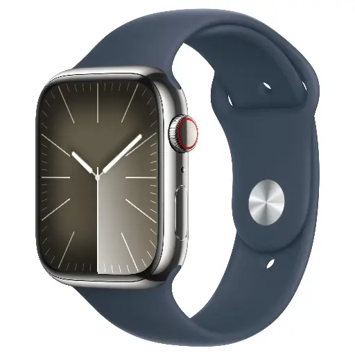 Apple Watch Series 9 [GPS + Cellular 45mm] Smartwatch with Silver Stainless Steel Case with Storm Blue Sport Band M/L. Fitness Tracker, Blood Oxygen & ECG Apps, Always-On Retina Display